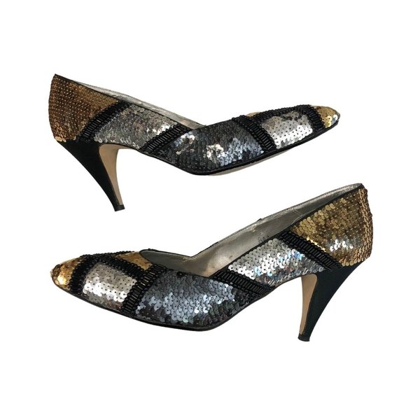 Rosina Ferragamo Schiavone Vintage 60s 70s Gold Silver Sequin Party Pumps Heels - Picture 4 of 9
